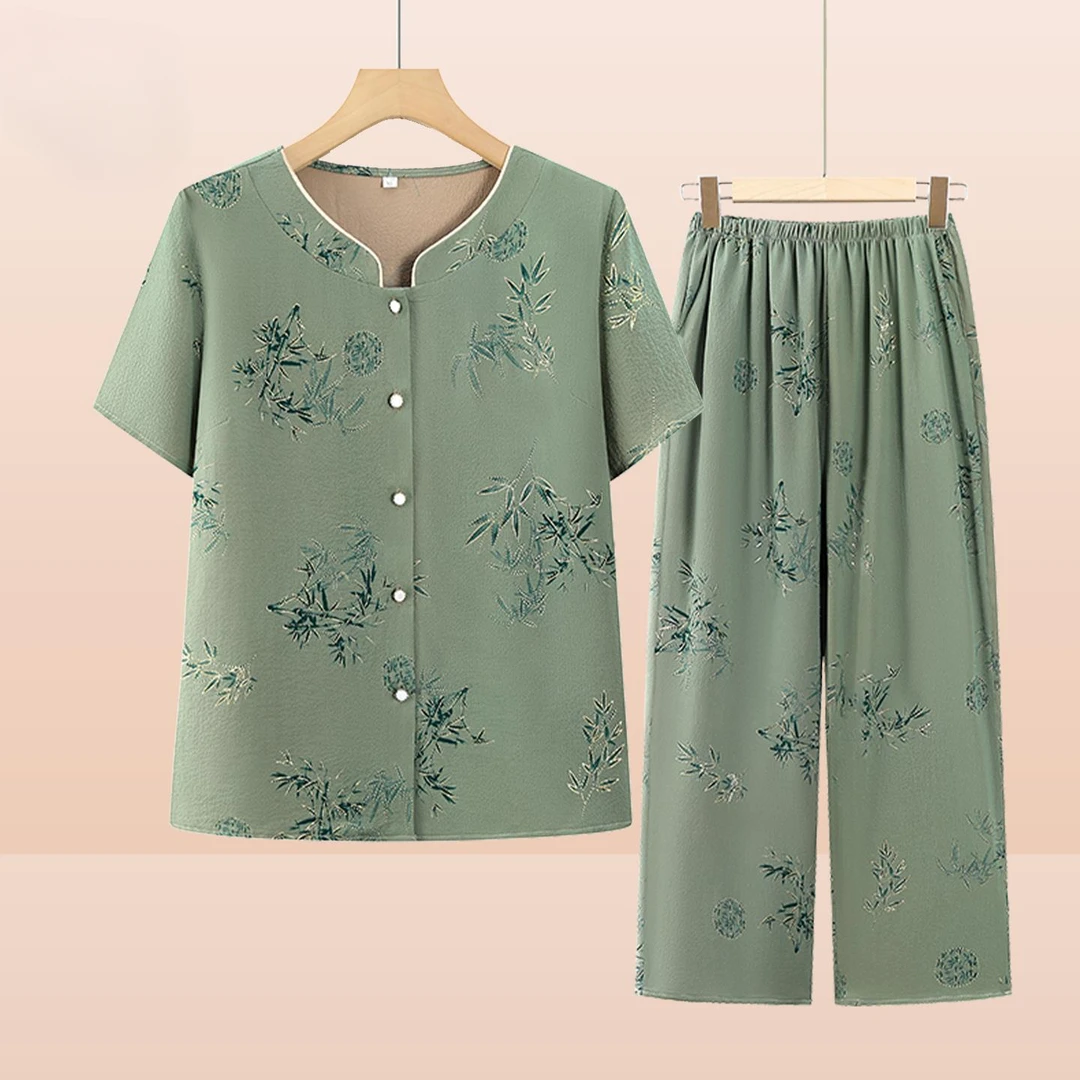 恒源祥彩羊奶奶装夏装短袖妈妈夏季休闲套装老太太宽松开衫衬衫60