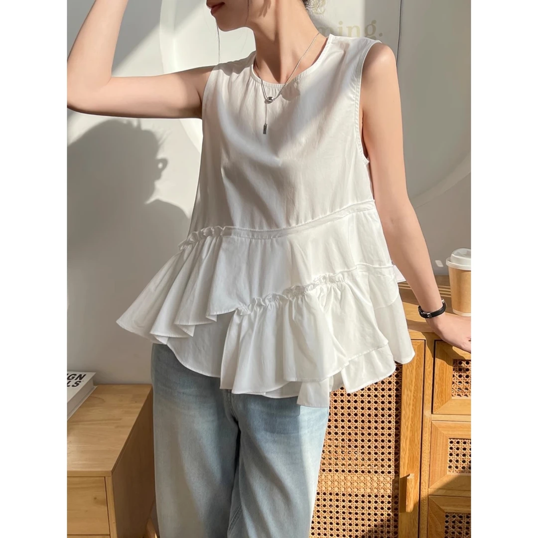 法式白色吊带背心女内搭夏季不规则荷叶边无袖外穿上衣2025年新款