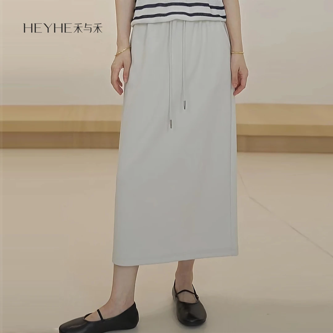 小禾【未央裙】莱赛尔空气层松紧腰抽绳后开叉半身裙25JJ107