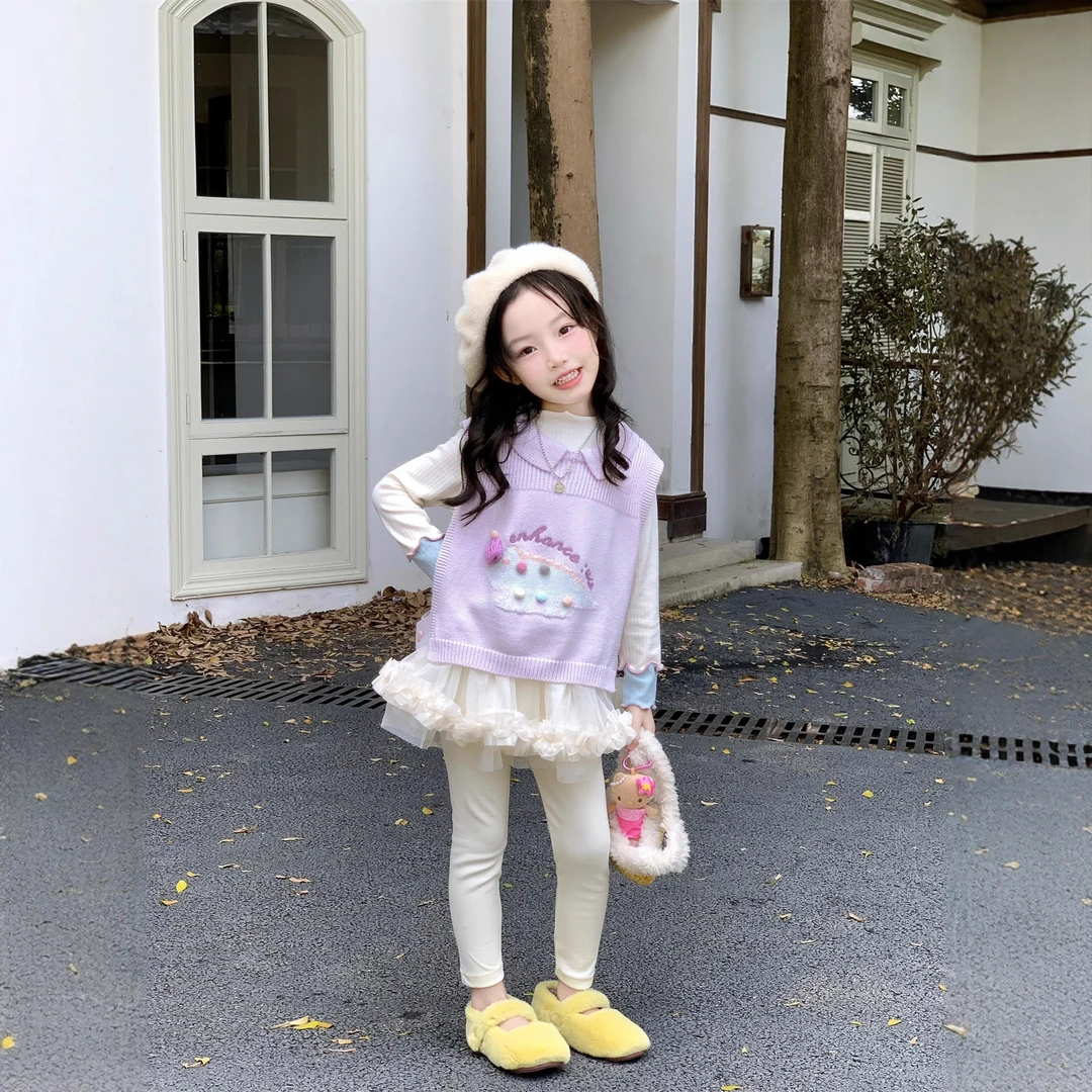 甜小七25秋季女童休闲甜美翻领卡通毛线背心打底衫网纱裙裤套装
