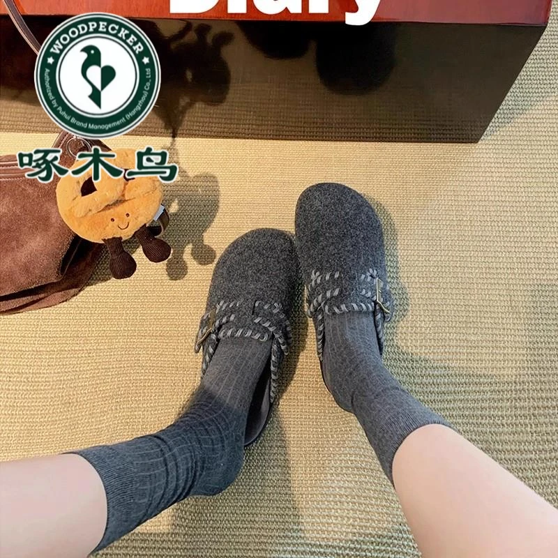 啄木鸟复古毛呢勃肯鞋包头半拖鞋女外穿2025秋冬新款厚底加绒棉拖