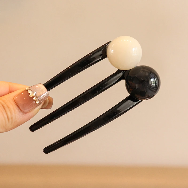 新中式u型珠珠三齿发簪丸子头盘发神器插梳简约古风发钗汉服头饰