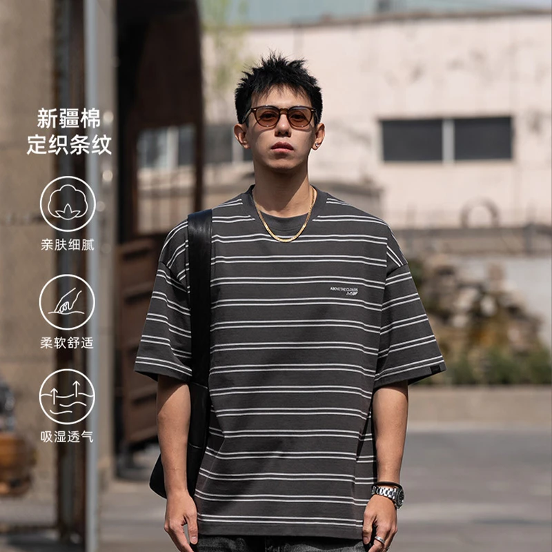 MSSULTI 定织舒适新疆棉 日系复古细条纹刺绣Tee宽松短袖T恤