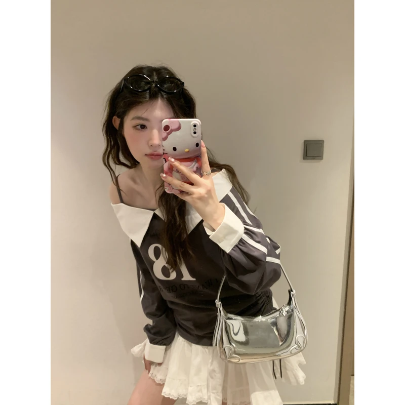 小沈美眉 美式纯欲 一字肩露肩长袖T恤2025春夏设计感辣妹上衣女