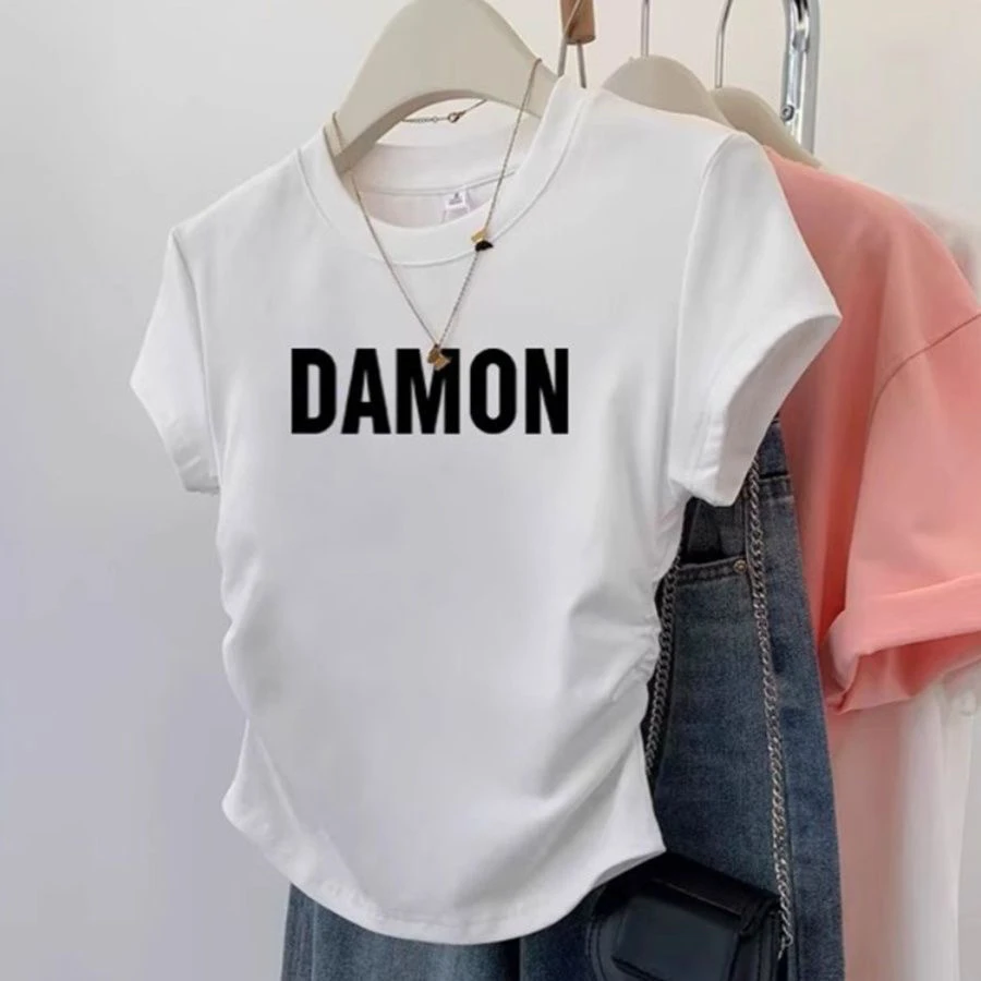 褶皱正肩多巴胺短袖T恤女新款洋气小众设计感收腰灰色t恤女