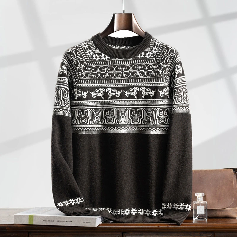秋冬新款纯绒男士圆领毛衣100纯山羊绒衫提花七针加厚针织打底衫