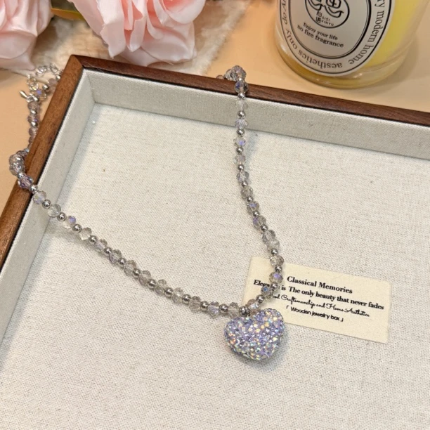 钛钢陶瓷项链 B270时尚气质精致甜美设计感满钻紫色爱心项链