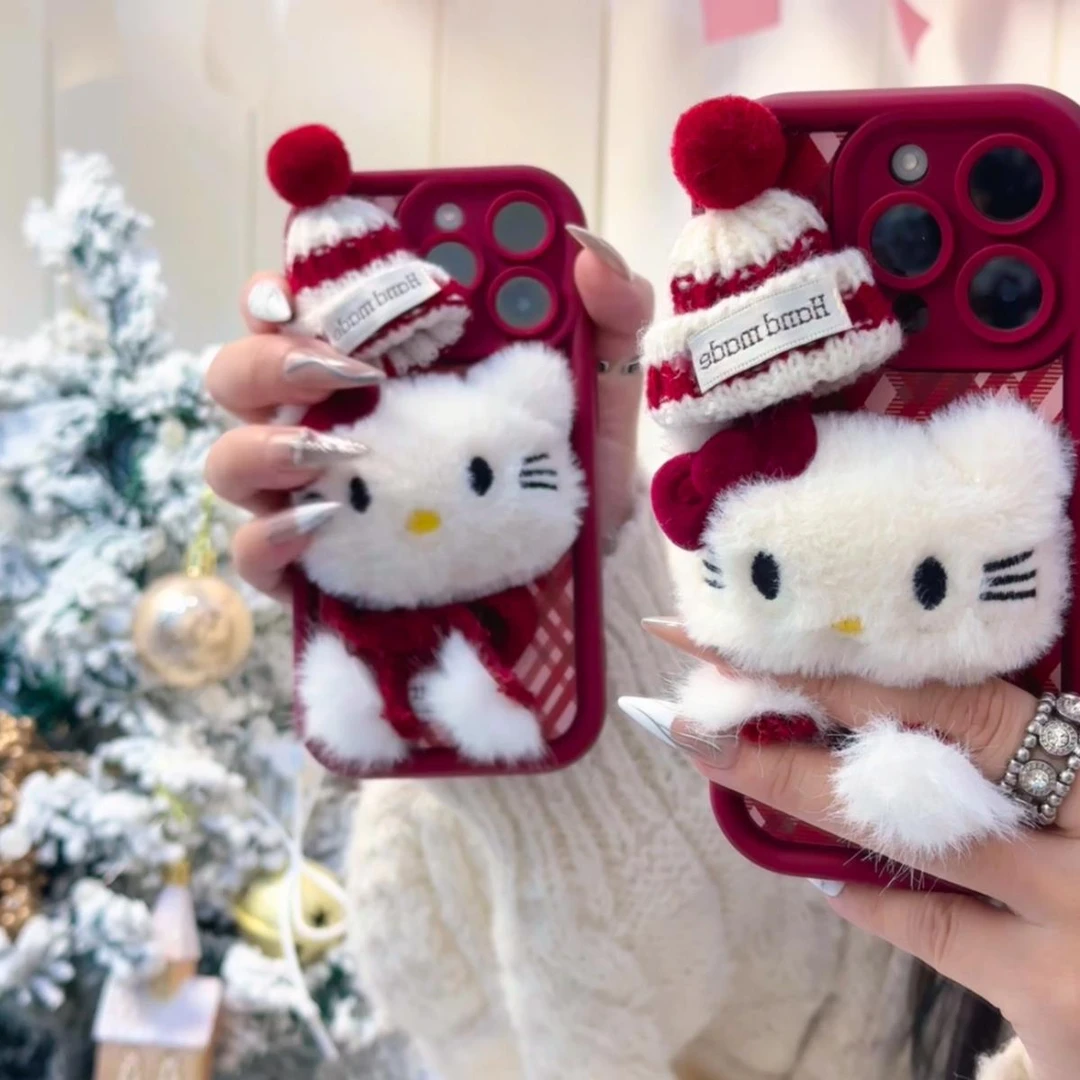 圣诞帽ins毛绒凯蒂猫适用苹果16手机壳13promax女款iPhone15网红x
