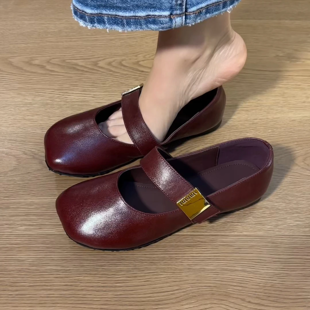 2025年新款纯色玛丽珍方头单鞋舒适百搭平底复古包头浅口小单鞋女