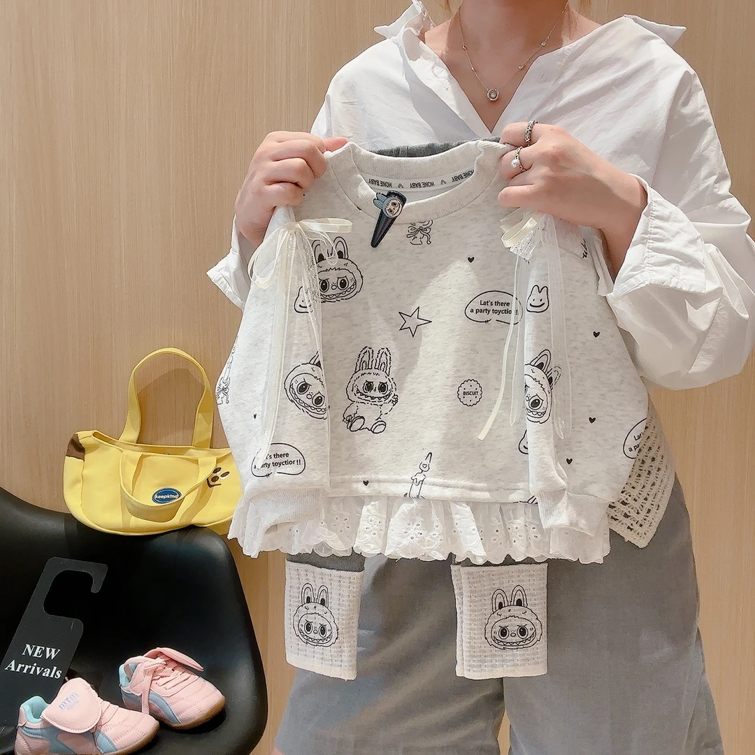 2025韩版女童两件套可爱满印LBB时尚卡通圆领卫衣堆堆袜裤子套装