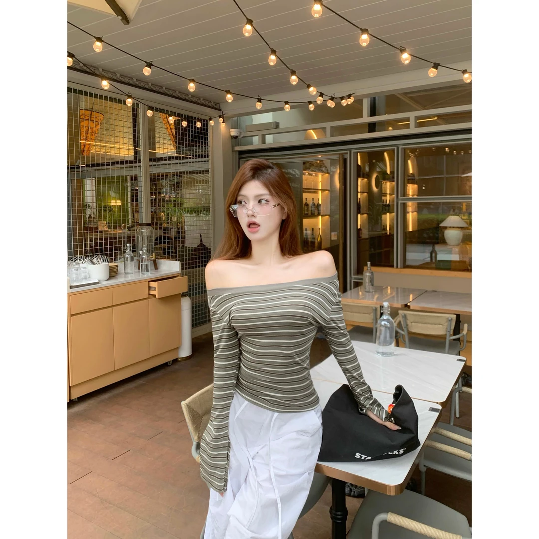 一字肩斜肩条纹长袖t恤女2025秋季辣妹性感露肩短款内搭修身上衣