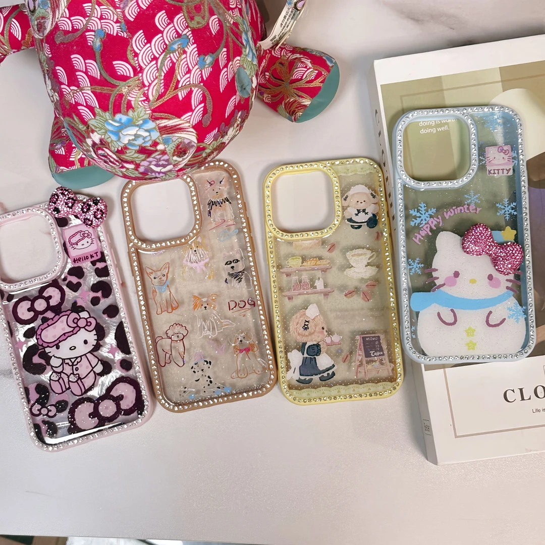 日韩点钻边框卡通kt猫咪适用苹果16Promax手机壳iPhone14/15Pro女