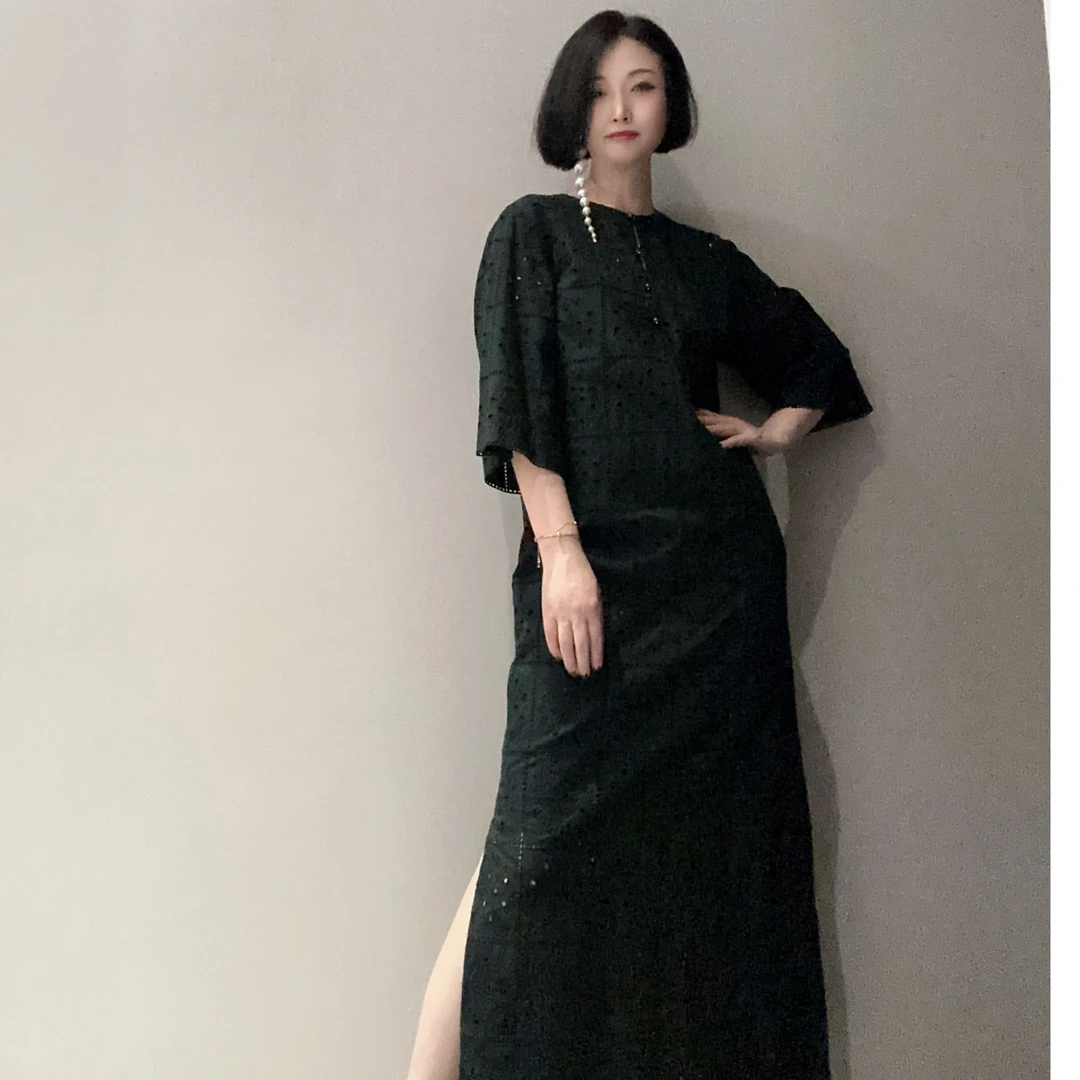 小众设计重工刺绣镂空定制棉中袖侧开叉连衣裙MD9066（有吊带）