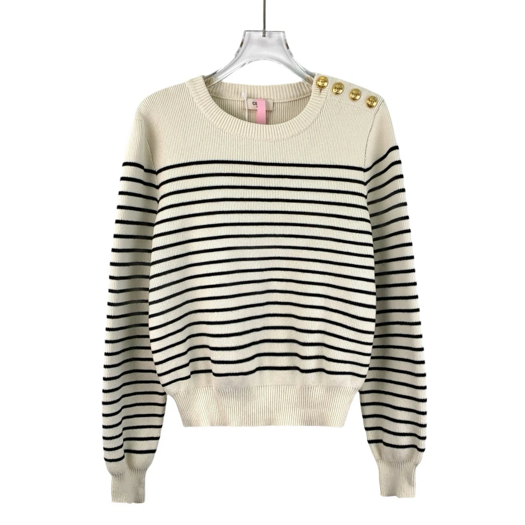 99新 Celine/思琳 EW0157 米色条纹金扣针织毛衣 XS码