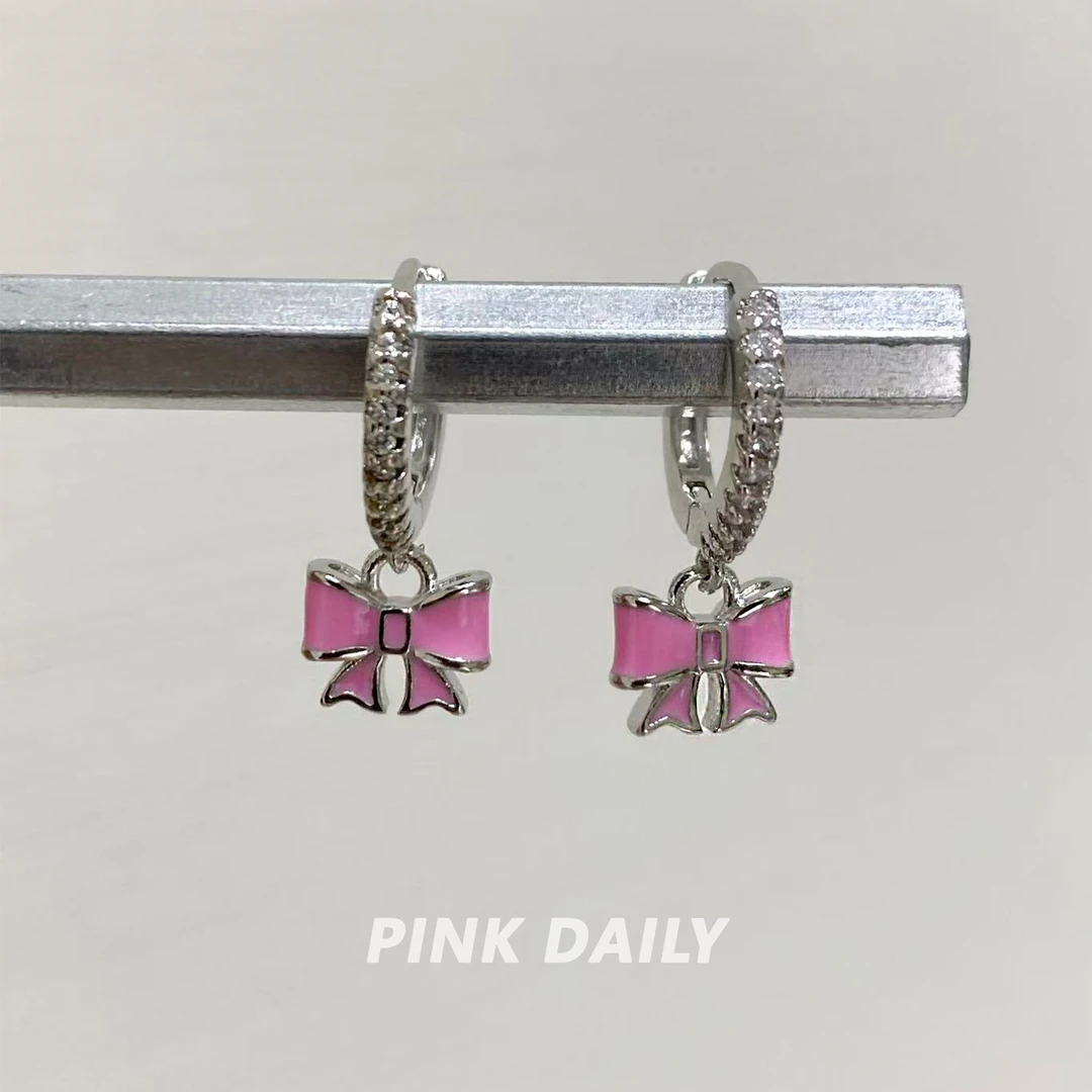 合金耳饰 Pink Daily粉色滴釉蝴蝶结吊坠素圈耳环女甜美百搭耳圈