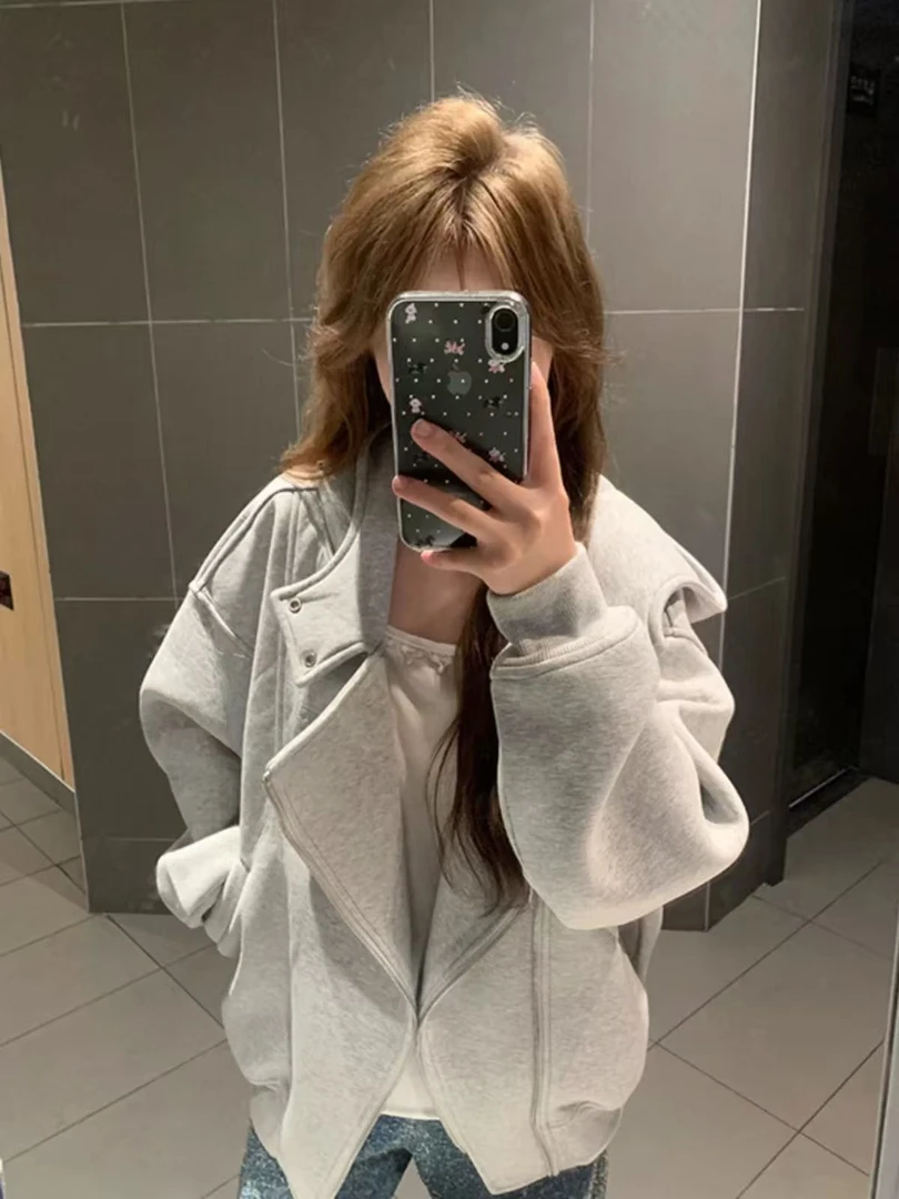 大码女装早秋连帽拉链秋冬季女开衫慵懒风卫衣运动秋季高质感穿搭