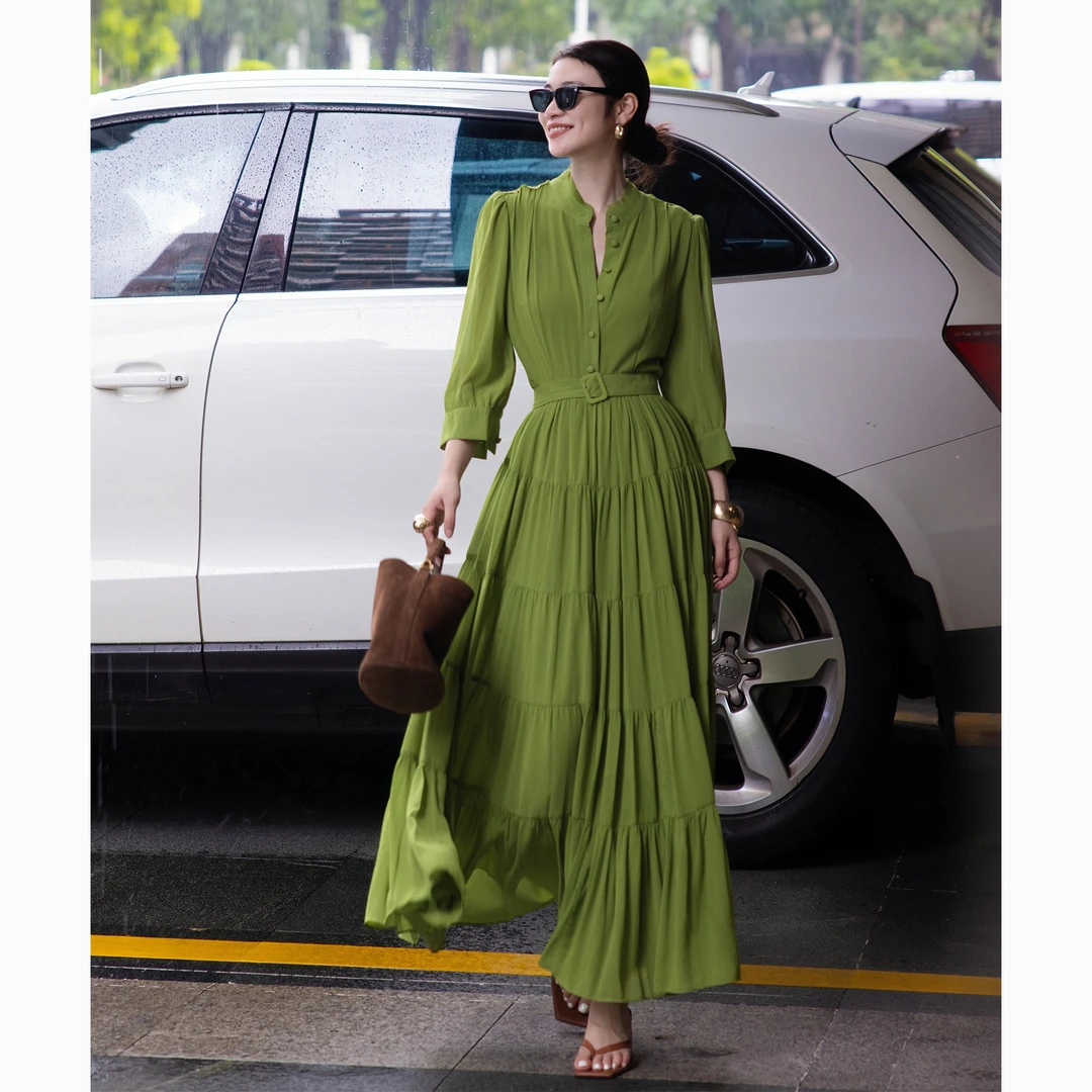 ZEROYK复古优雅连衣裙设计感法式名媛气质牛油果绿收腰系带大摆裙