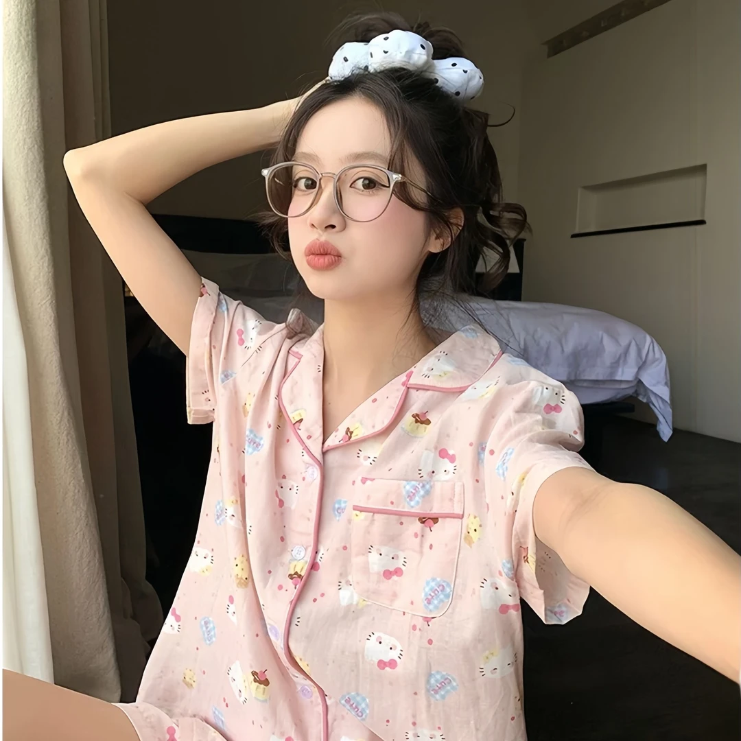 少女可爱卡通猫波点睡衣女夏季开衫翻领舒适透气可外穿家居服套装