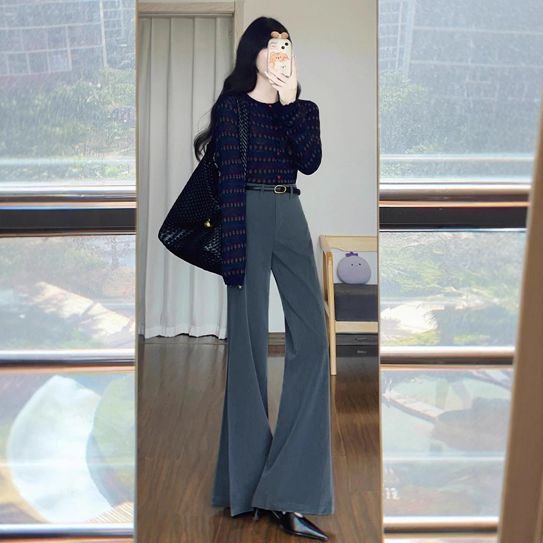 今年流行小个子巨好看长裤垂感慵懒松弛感蓝灰色微喇西装裤女秋季