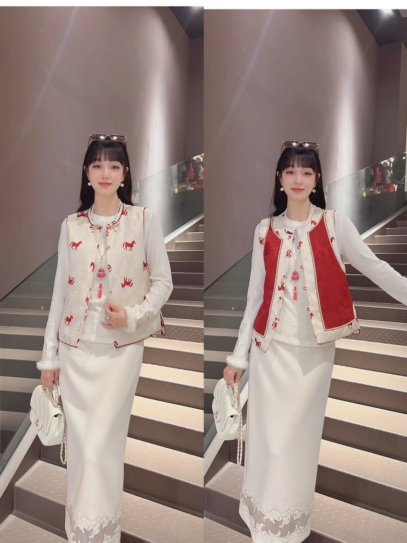 《穗穗定制》《鸿运小马》冬款百搭显瘦重工刺绣加厚夹棉女马甲6920
