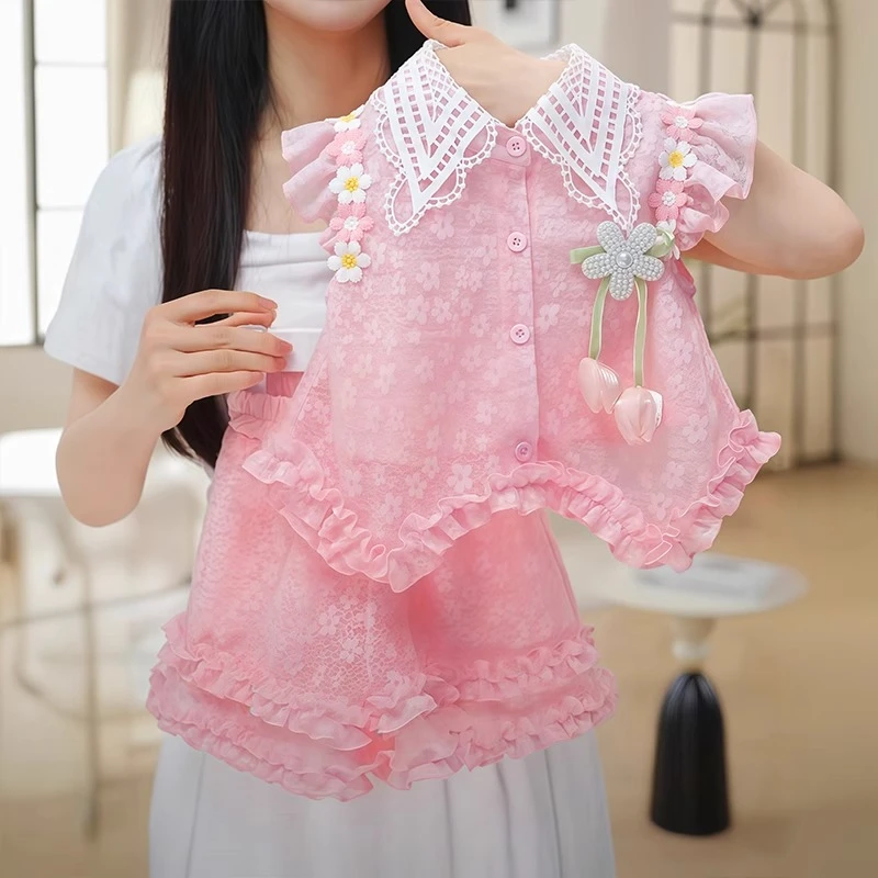 女童套装夏季2025新款儿童小飞袖上衣夏装女孩蕾丝短裤两件套洋气