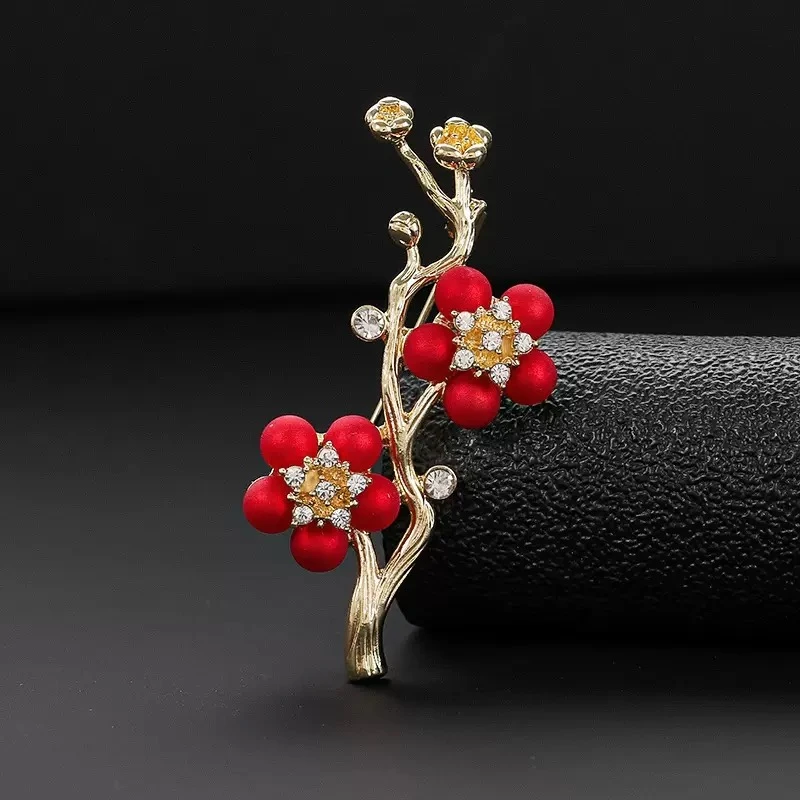 铜合金合成锆石胸针 红色高档铜合金【一枝红梅胸针】XZ-030