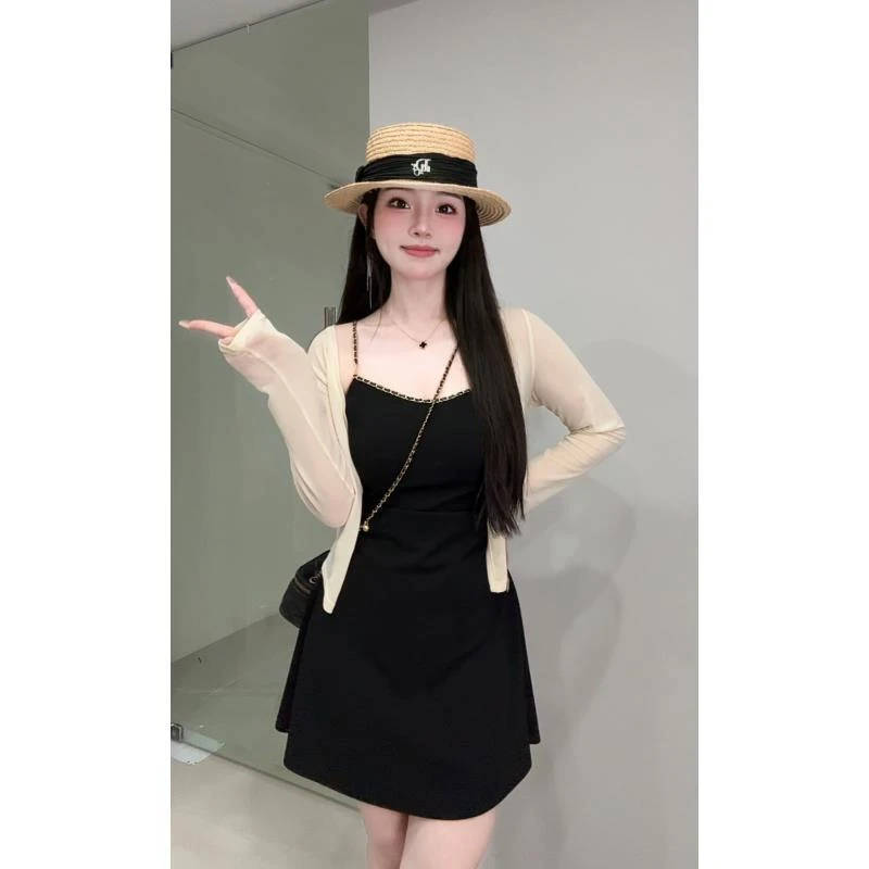 【现货两件套】胖mm气质吊带连衣裙开衫显瘦遮肉纯欲黑色裙子07015