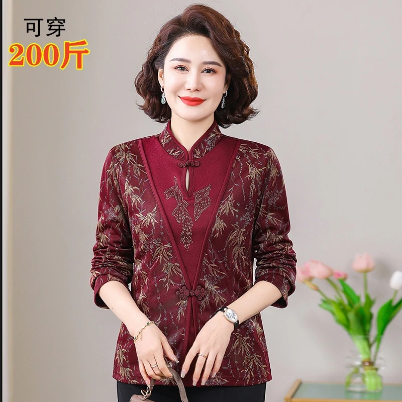 中老年女春装假两件打底衫时尚长袖T恤洋气胖妈妈加大码小衫上衣