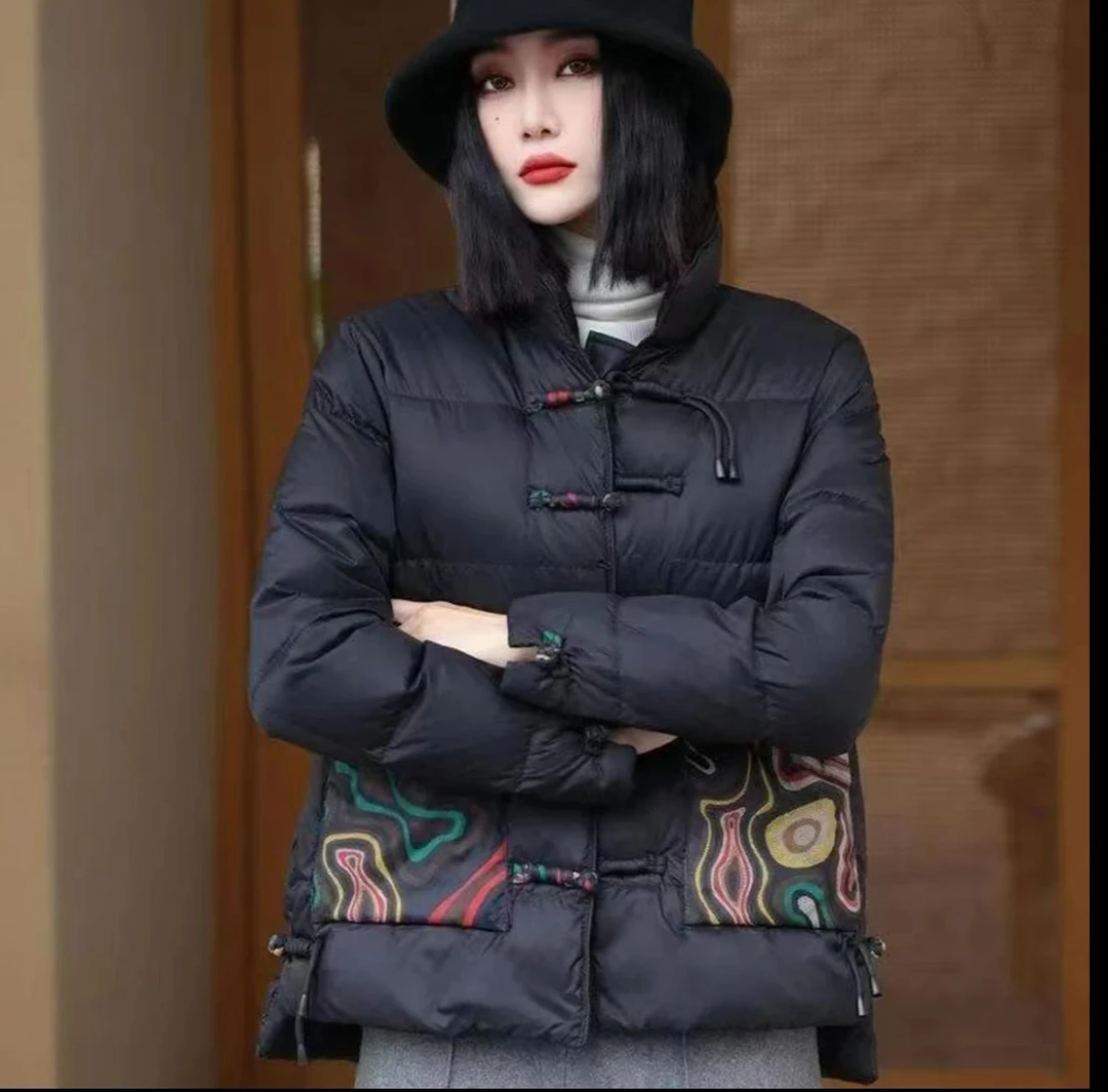 【羽羽】新中式秋冬款轻薄绒水波纹手工盘扣复古加厚棉服外套女