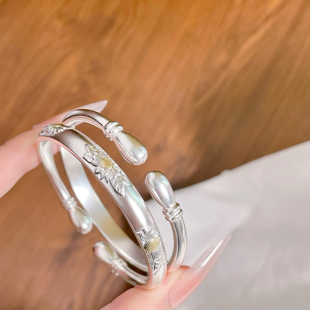 足银珐琅手镯 足银999.9古法分色向日葵开口手镯镯子约37.6g