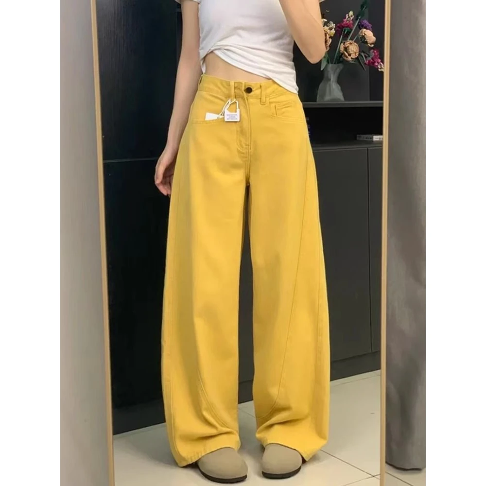 175加长版美式树叶黄阔腿牛仔裤女秋冬新款高腰显直筒瘦拖地裤子