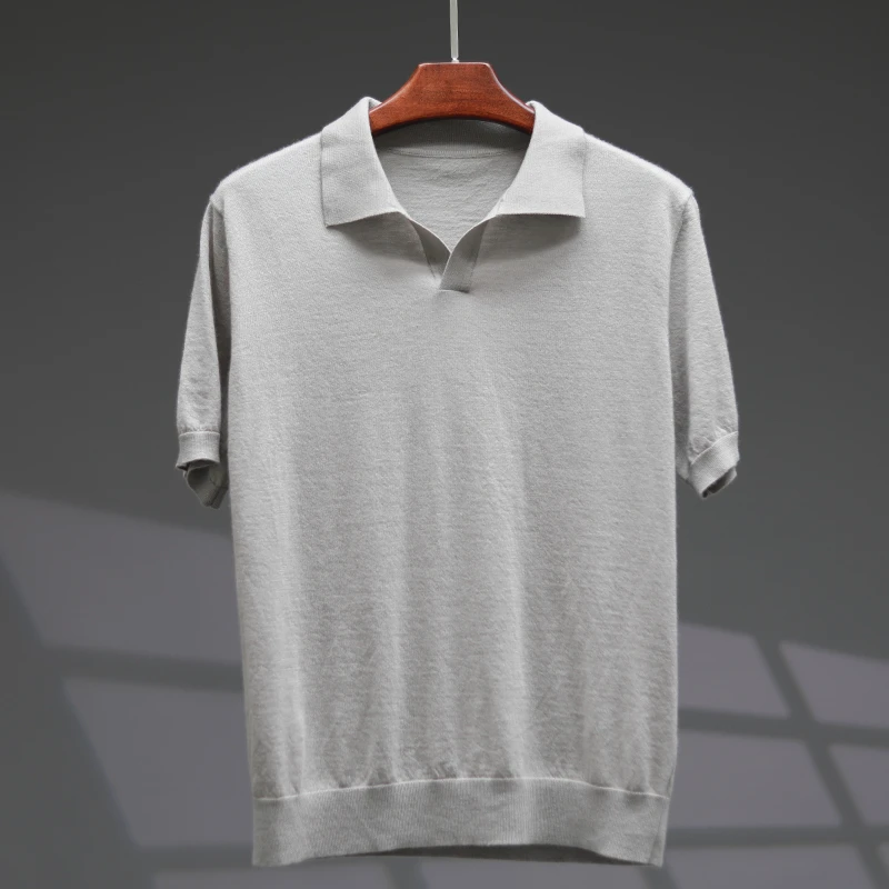 男士精纺纯山羊绒POLO衫半袖T恤精纺羊绒商务休闲套头衫