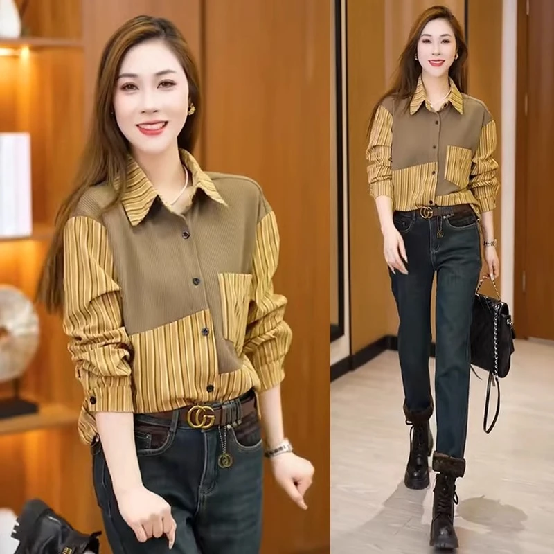 时尚条纹衬衫女2025春季新款休闲百搭长袖上衣设计感洋气显瘦衬衣