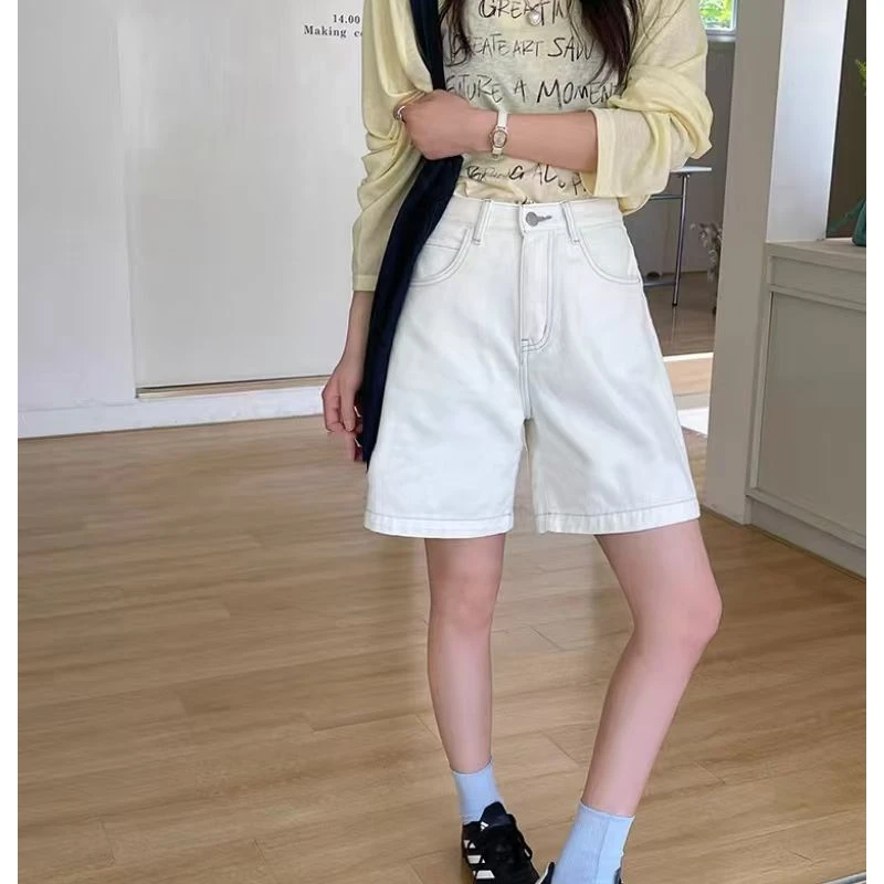 SU【1608】代  愫敏 牛仔裤女春夏季新款阔腿短裤显瘦白色A字中裤