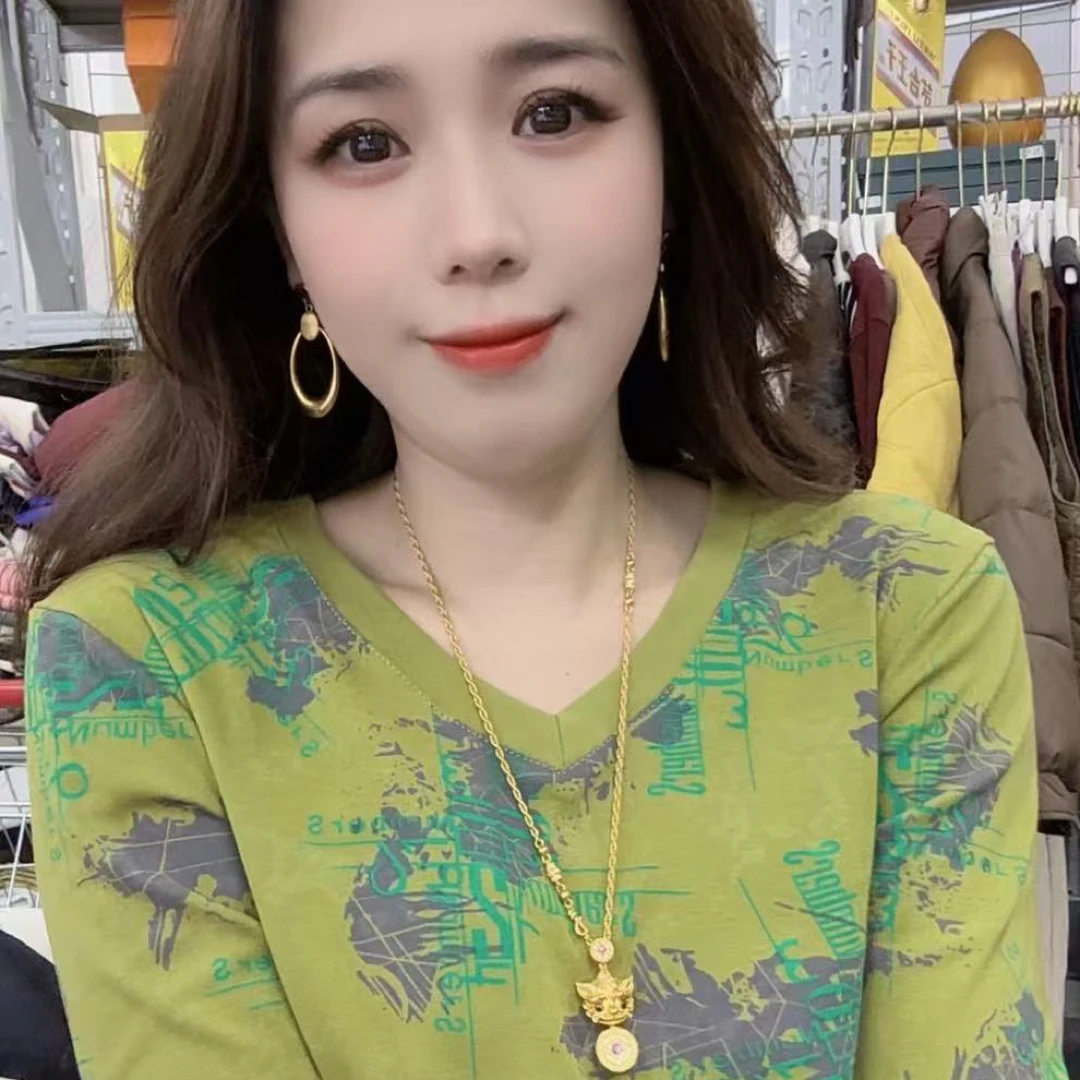 设计感 欧货扎染印花短袖V领长袖女宽松显瘦百搭上衣夏季2043