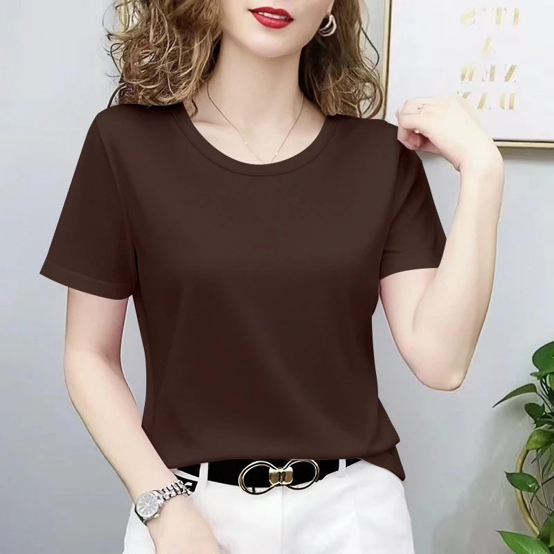 韩版热卖短袖t恤女夏季宽松正肩冰丝圆领打底内搭面膜上衣半袖t恤