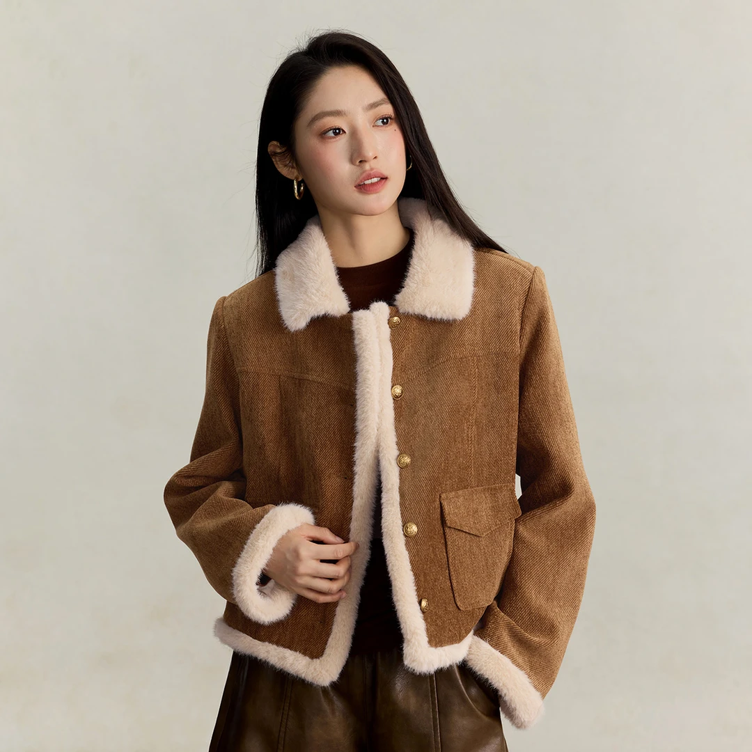 【夹棉加厚】茵曼25冬季巴恩风毛绒翻领外套时尚小香风毛绒翻领夹克