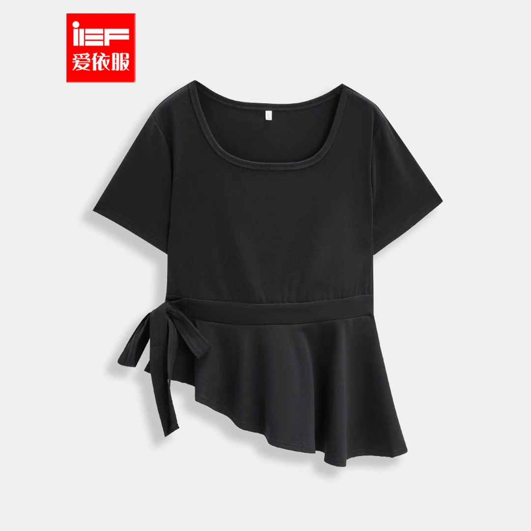 IEF/爱依服2025新款夏季微胖定制设计下摆不规则针织T桖上衣