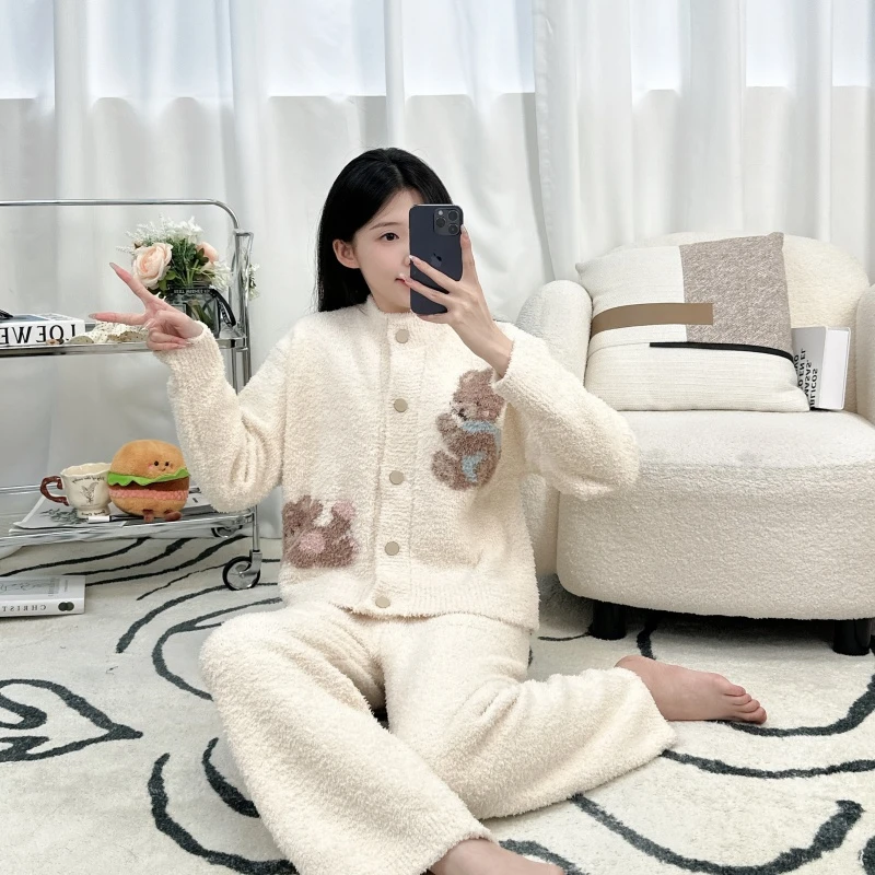 女士睡衣秋冬季卡通半边绒简约加厚卡通少女冬天家居服套装外穿