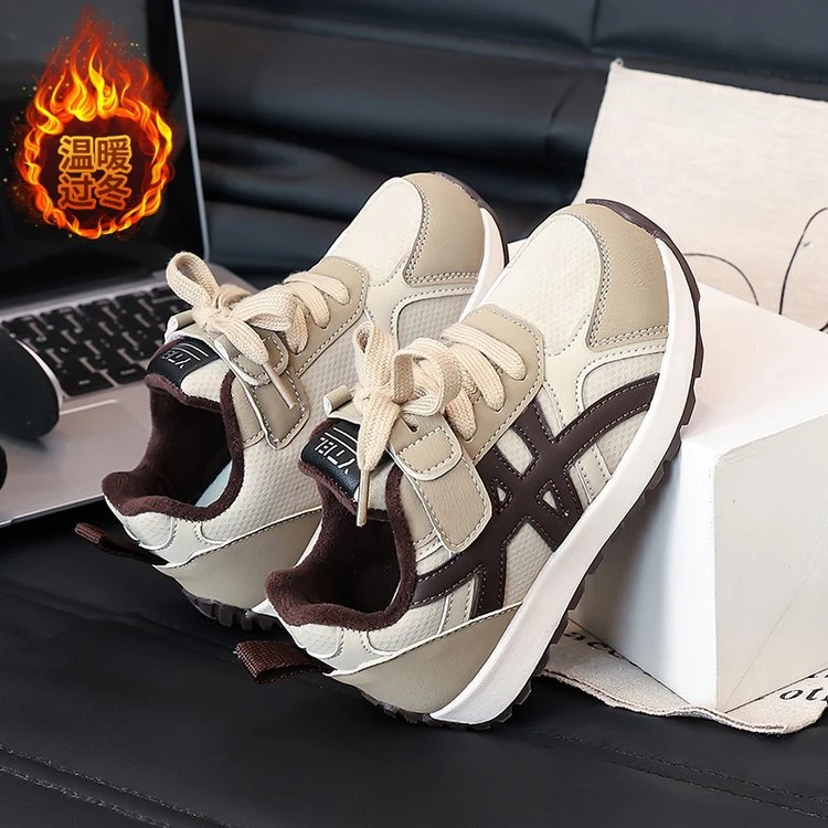 男童女童皮面加绒韩版时尚秋冬百搭2025年新款运动鞋温暖学生