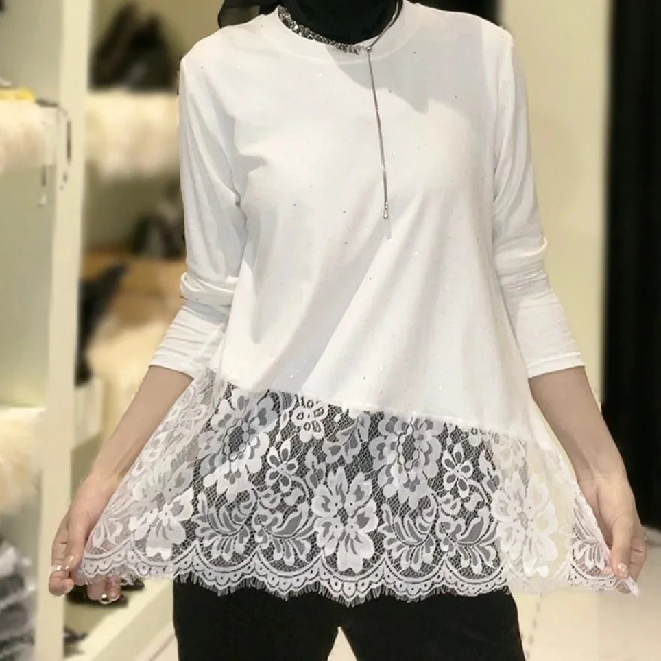 【拼接网纱斜蕾丝长袖打底衣】中长款胖MM大码设计感长袖上衣