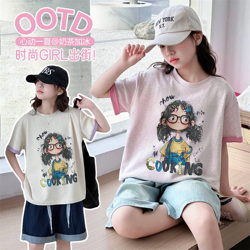 女童夏季美女T恤套装新款 2025中大童6-14岁休闲时尚洋气宽松学生