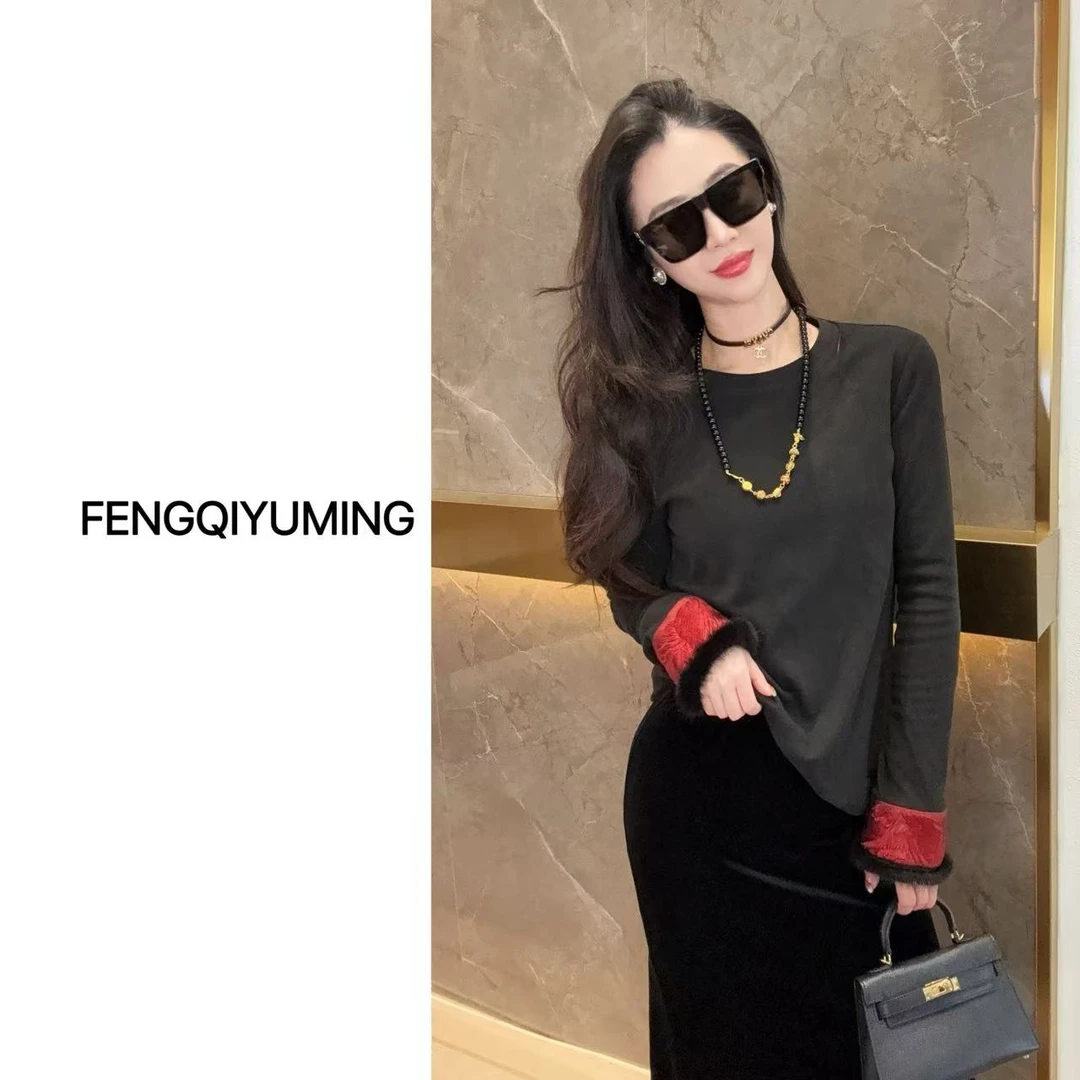 现货【白富美】新中式水貂毛袖口百搭刺绣秋冬上衣