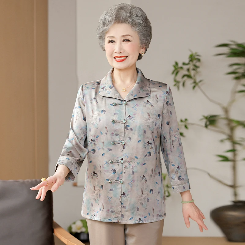 中老年人妈妈夏装衬衫25年新款婆婆春夏季宽松衬衣七分袖奶奶衣服