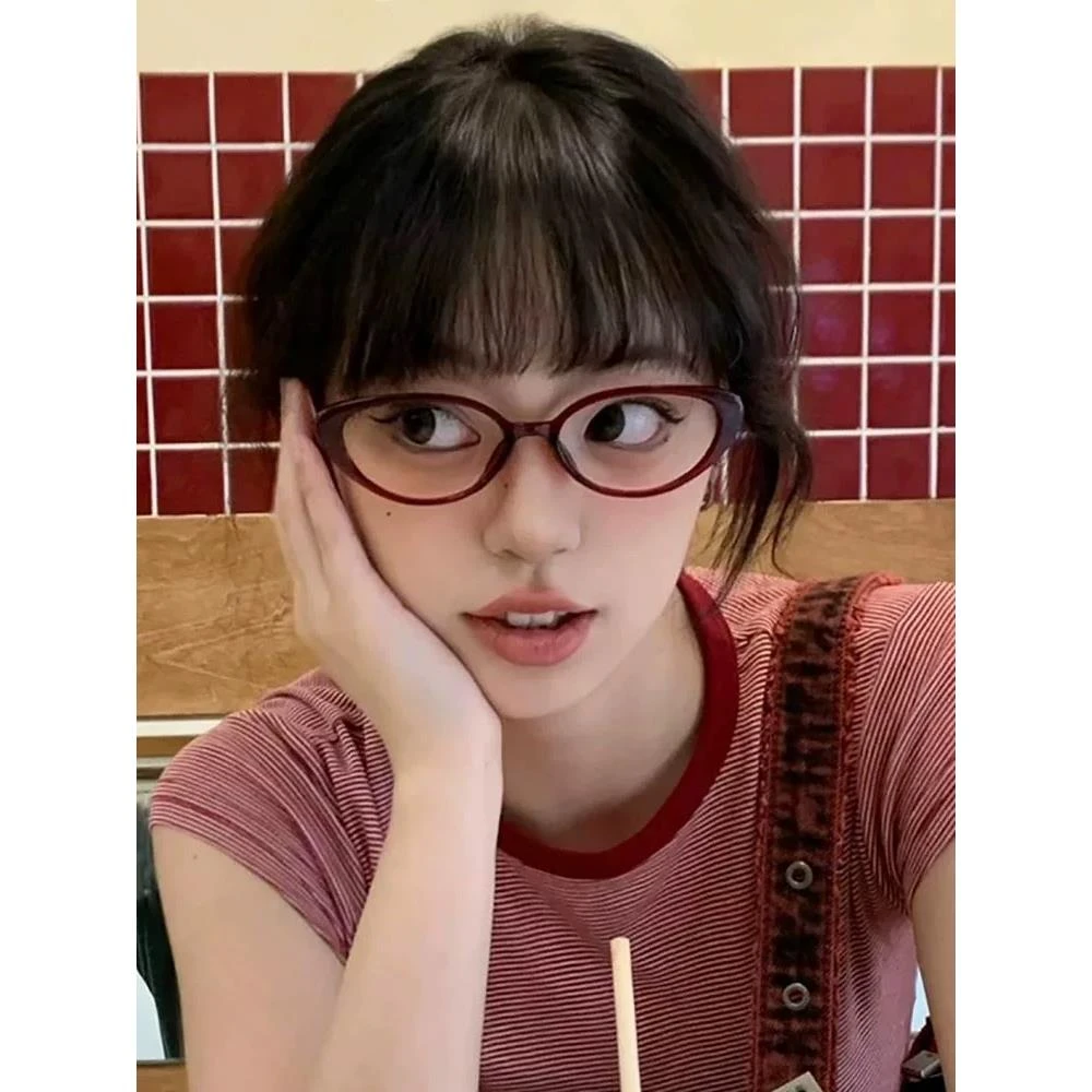 2025新款复古韩系猫眼素颜红色眼镜框高级感近视散光眼镜可配度数