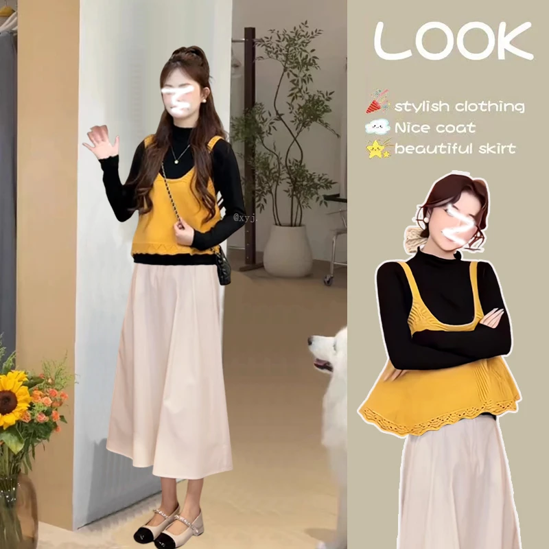 【现货】2025秋季穿搭套装女慵懒风针织吊带打底衫高腰半身裙三件套