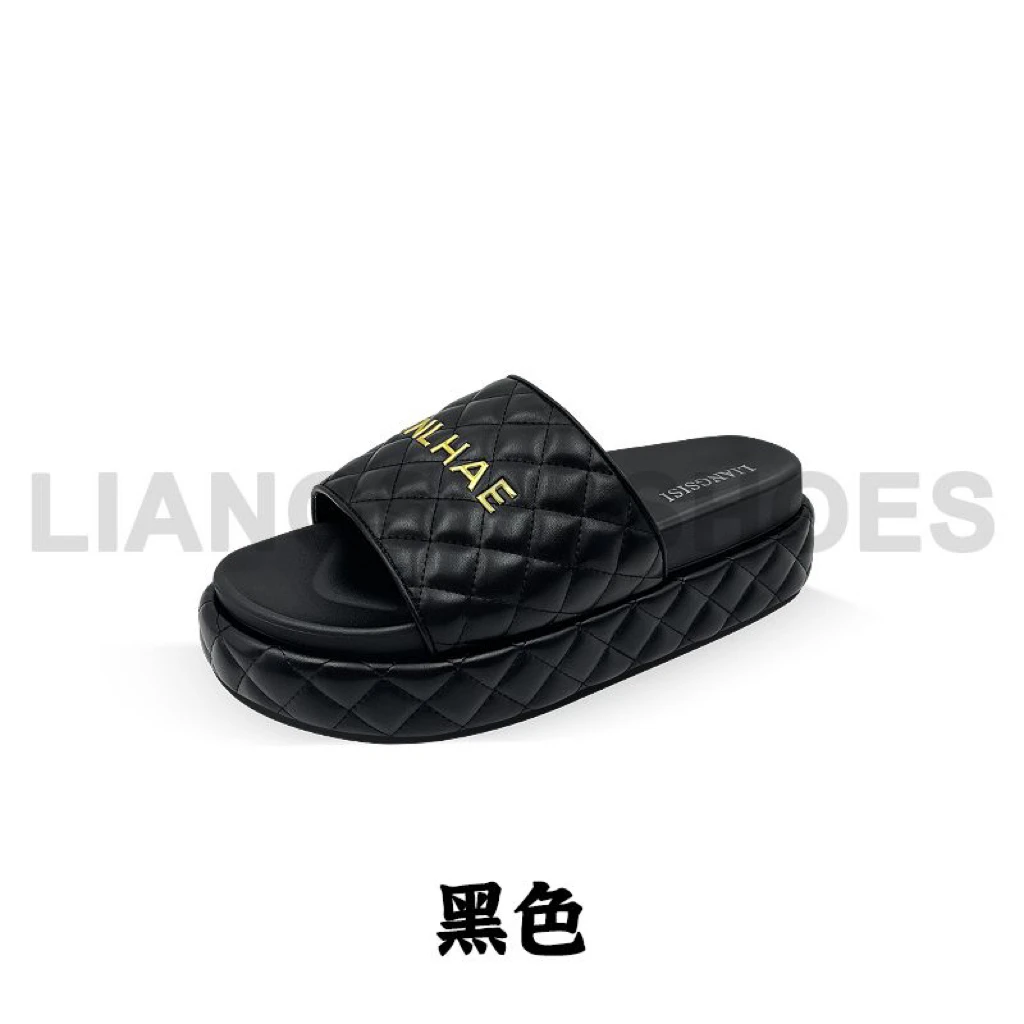 厚底日常一字型韩版一字拖休闲黑色女鞋夏季-HT719