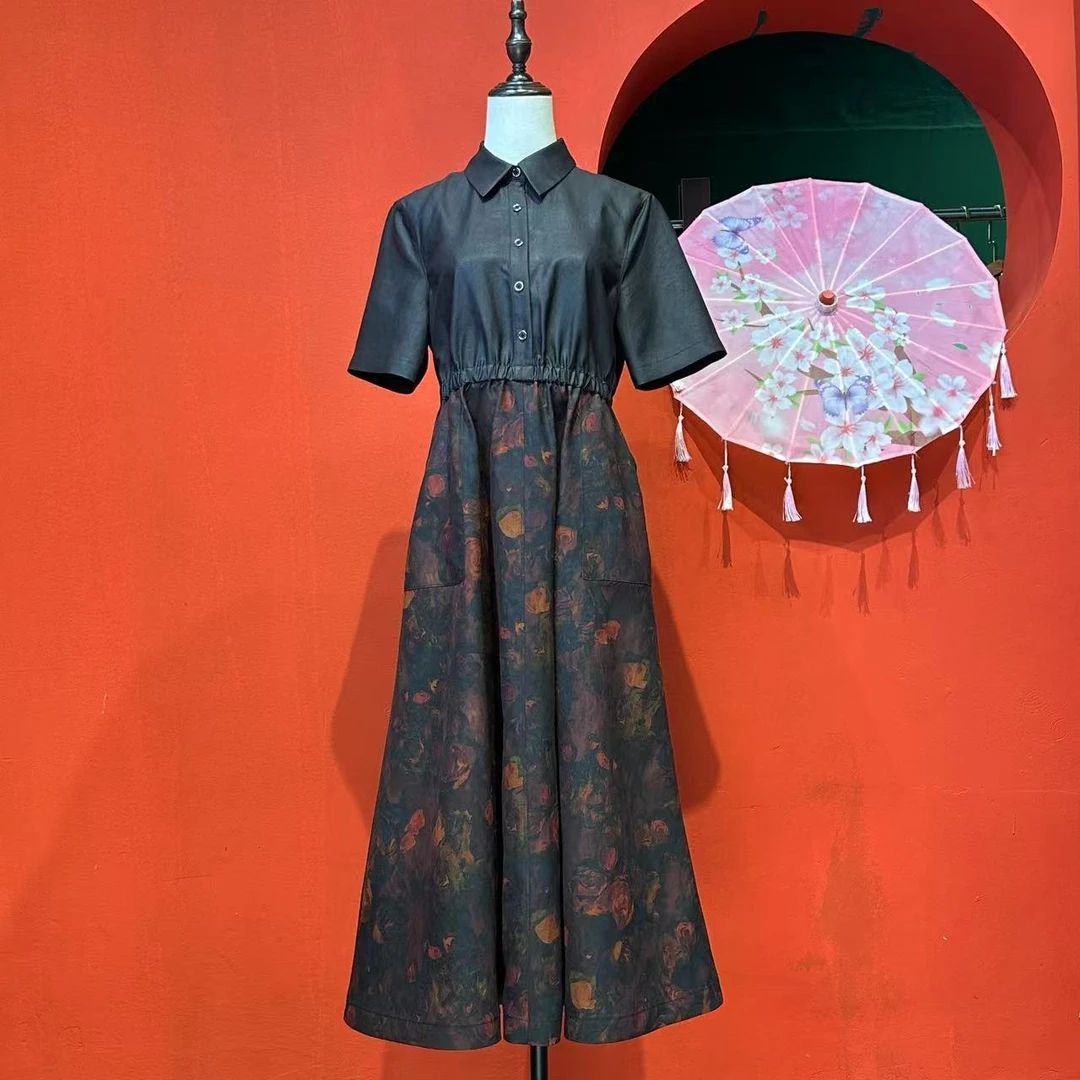 艾可原创 收腰连衣裙 双面穿  电力纺前喷印花香云纱 长120起