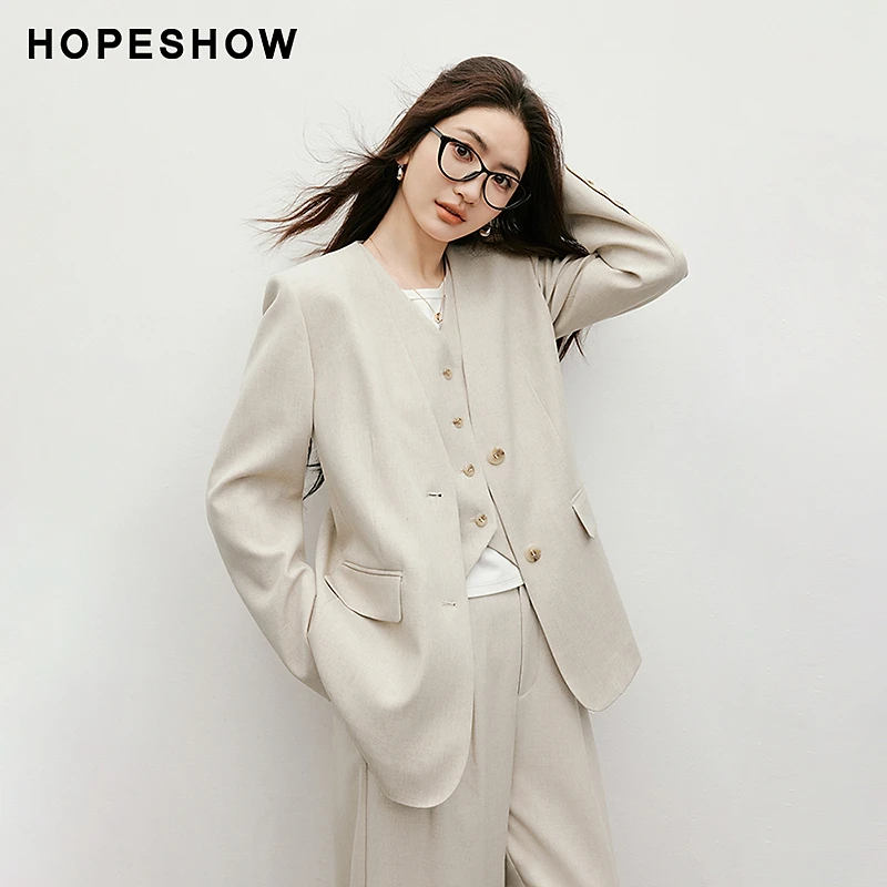 红袖2025春季新款女装 肌理感正肩V字无领一手长西装90125062203