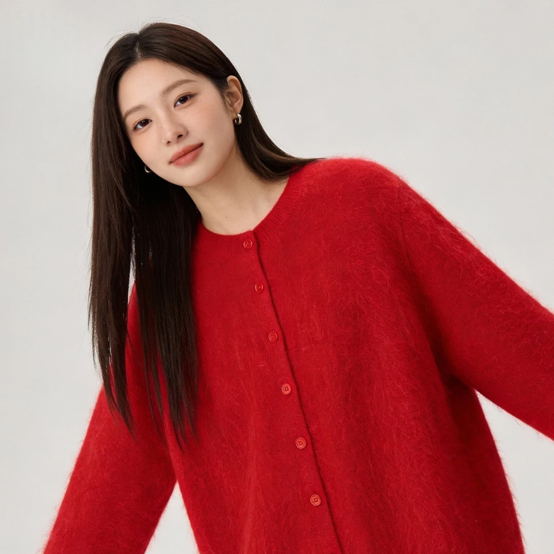 【100% 山羊绒拉绒】圆领单排扣针织开衫女宽松拉绒外套 CKM0004